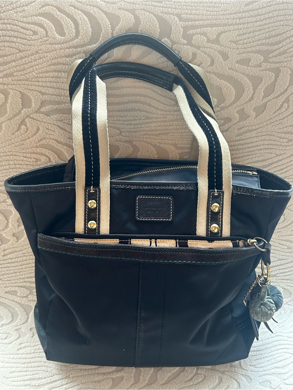 Coach Black Nylon Tote Bag / Leather Handles / Zip Top / Signature Lining